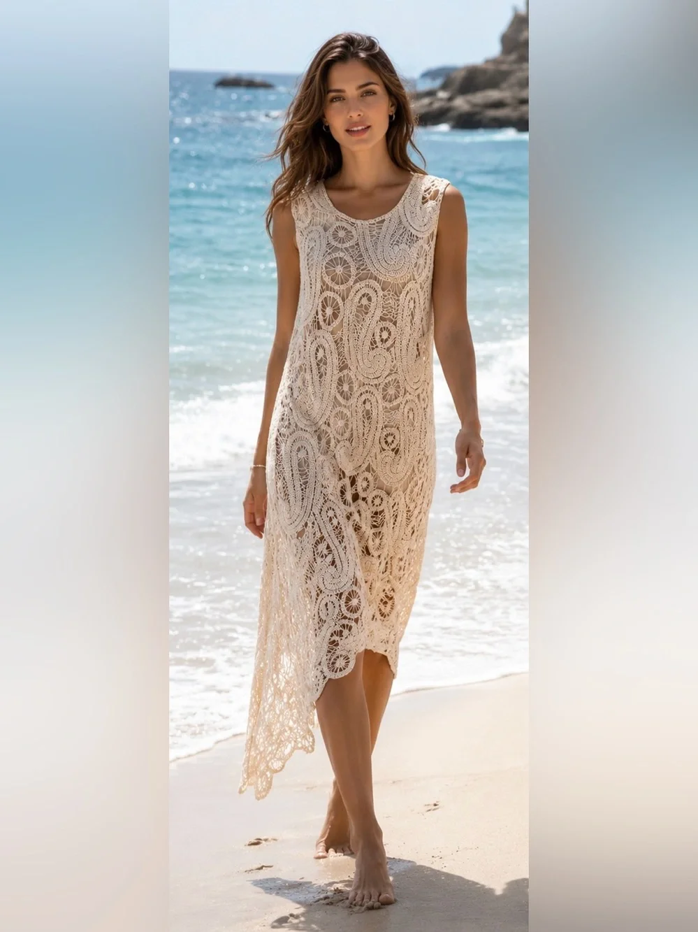 AZARA PARIS Women’s Cream Crochet Beach Cover-Up Dress